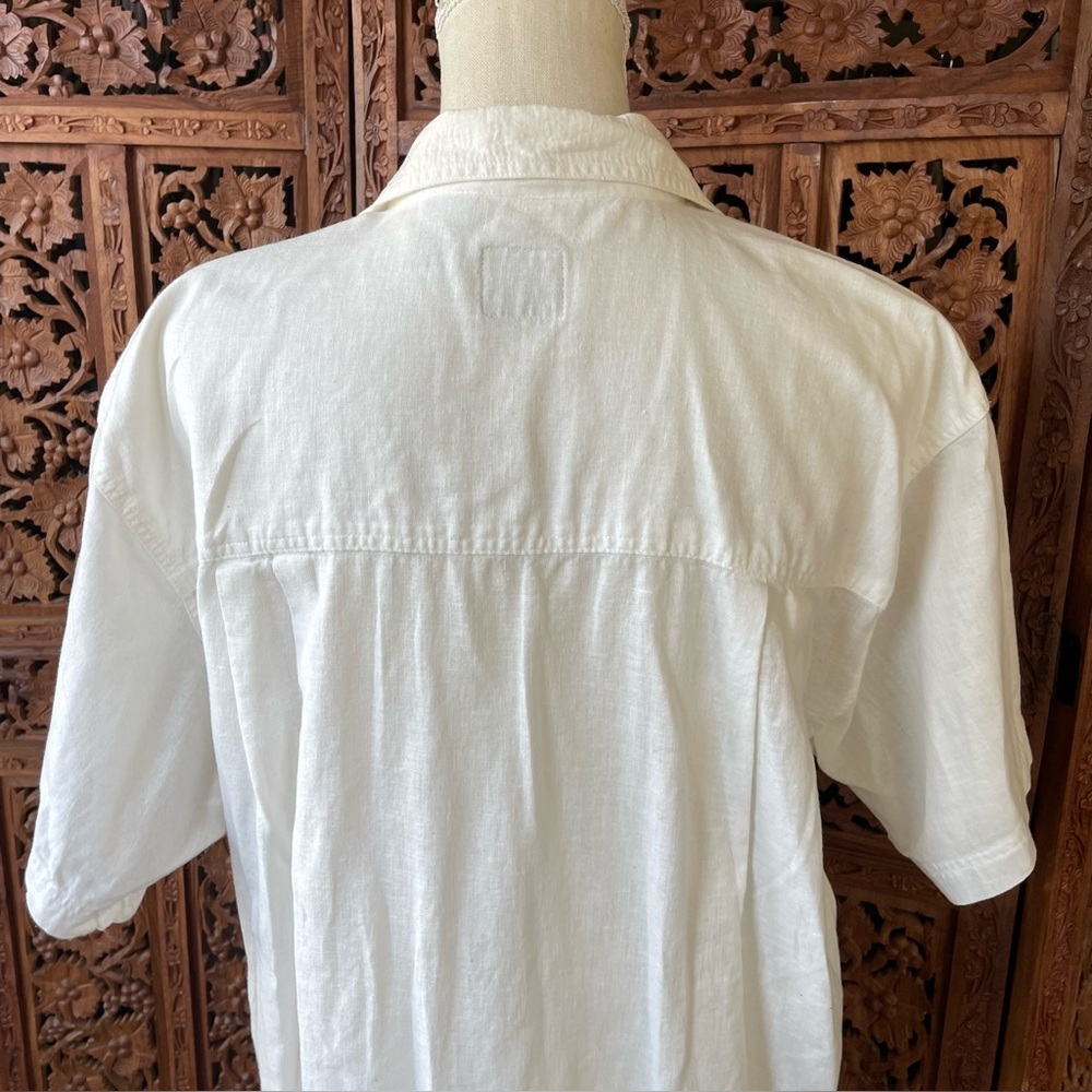 White Embroidered Men's Short Sleeve Cotton Linen Shirt Western Aztec - Picture 9 of 11
